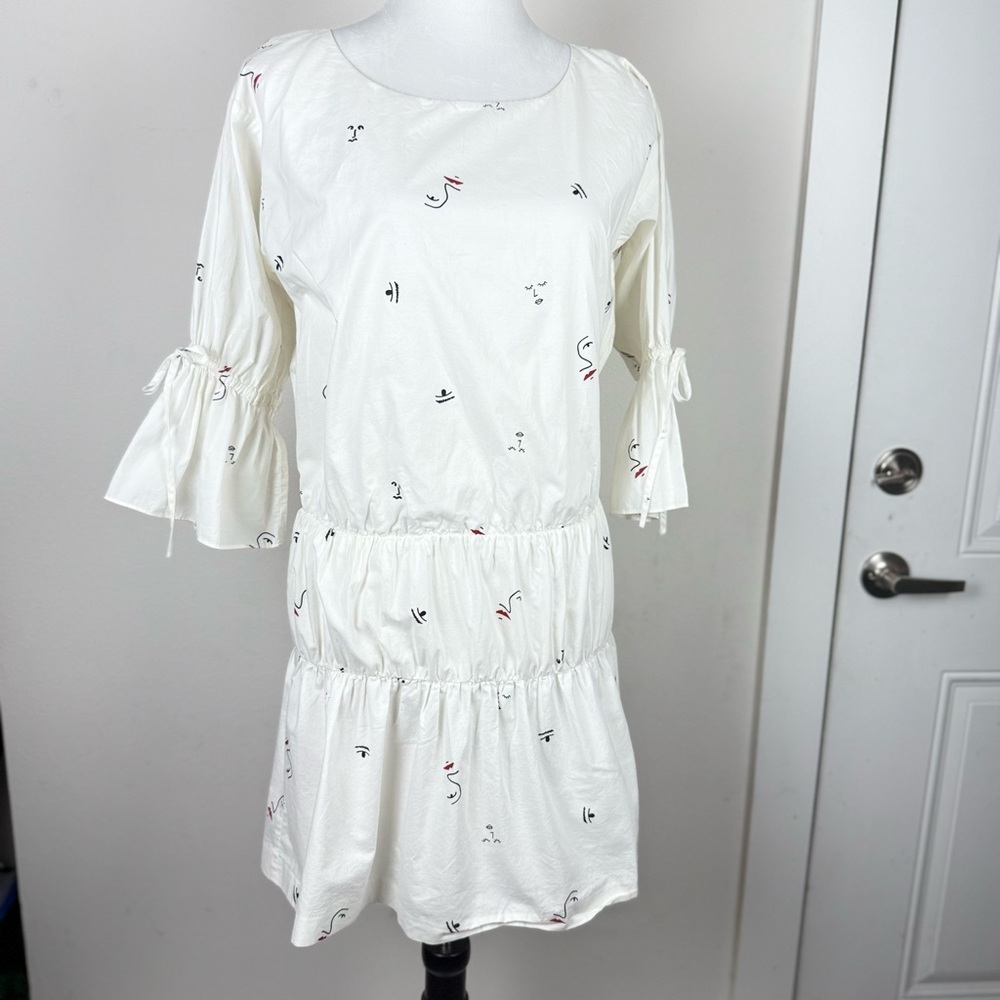 Madewell Women’s Making Faces Bright White Tiered Blouson Dress Abstracts XS - Picture 2 of 14